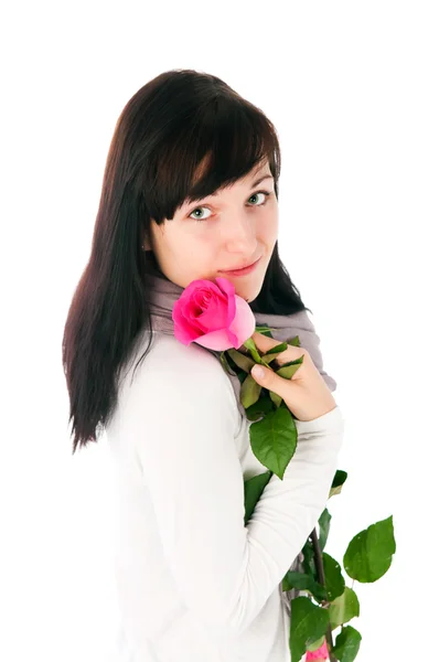 Romantik kız pembe bir gül — Stok fotoğraf