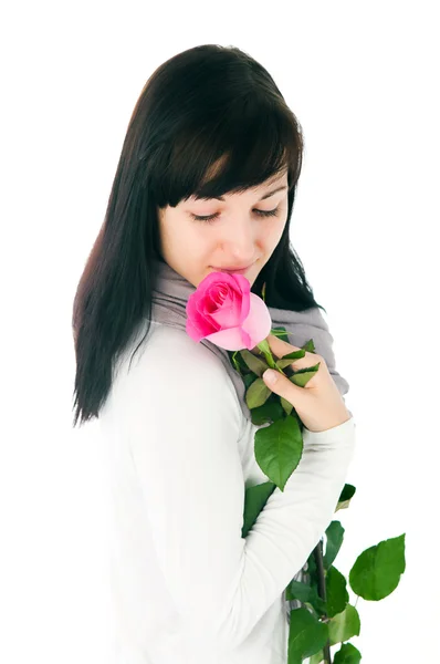Romantiska flickan med en Rosa Ros — Stockfoto