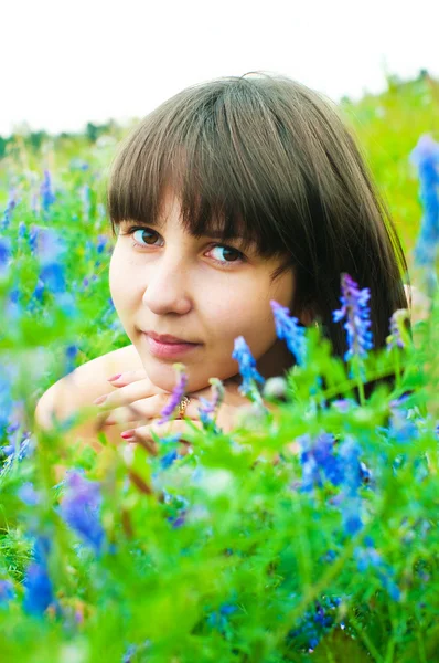 Güzel bir kız bir çayır üzerinde — Stok fotoğraf