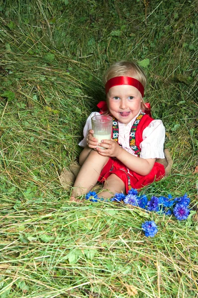 Het kleine meisje op hooi — Stockfoto