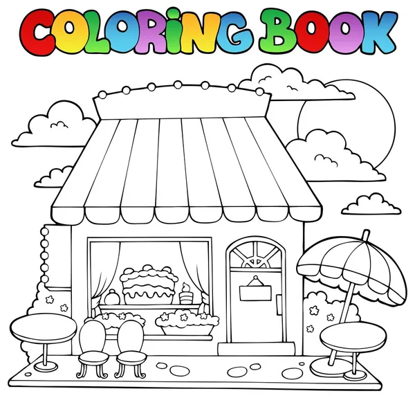 Kolorowanie kreskówka książka sklep ze słodyczami — Wektor stockowy