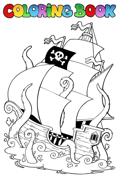 Coloring book with pirate ship 1 — Stock Vector