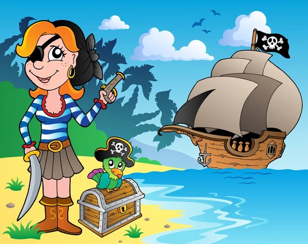 Pirate girl on coast 1 — Stock Vector