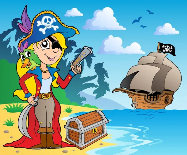 Menina pirata na costa 2 —  Vetores de Stock
