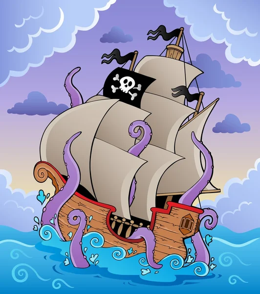 Navio pirata com tentáculos na tempestade — Vetor de Stock