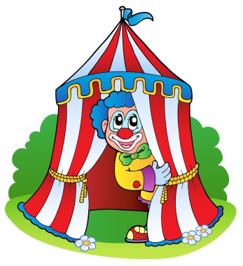 Cartoon clown in circus tent clipart