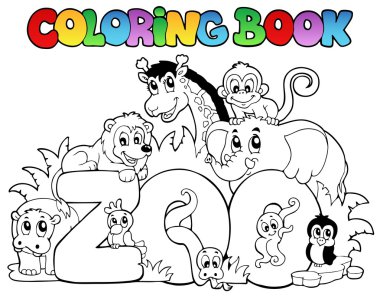 Coloring book zoo sign with animals clipart