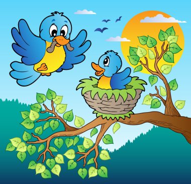 Two blue birds with tree branch clipart