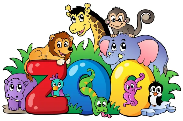 Signo del zoológico con varios animales — Vector de stock
