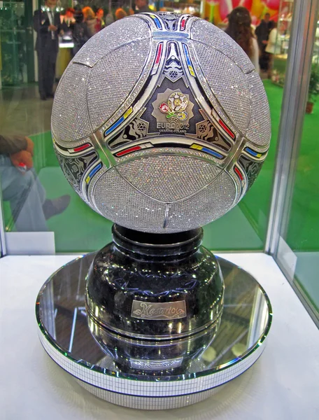 Metal brilliant football ball under glass box, EURO 2012 object. — Stock Photo, Image