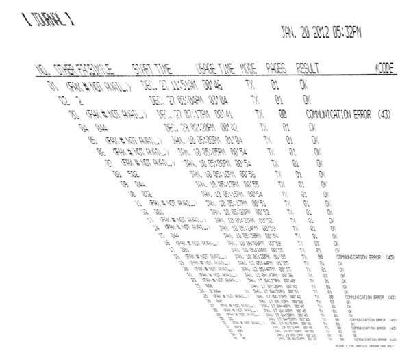 Foglio elettronico fax stampato isolato su sfondo bianco, facsimile . — Foto Stock