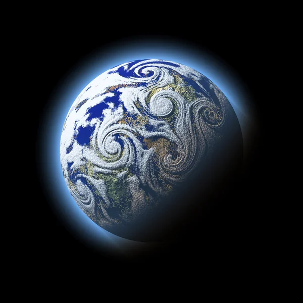 Abstrakter Windhurrikan mit Atmosphäre über blauem Planeten. — Stockfoto