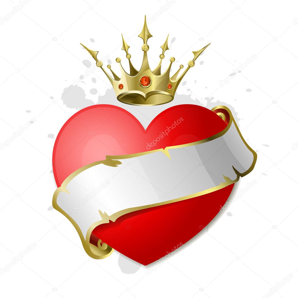 Heart with ribbon and crown.