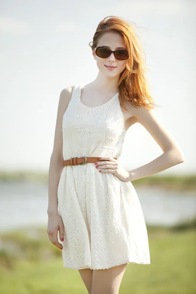 Fashion redhead girl at outdoor. — Stock Photo, Image