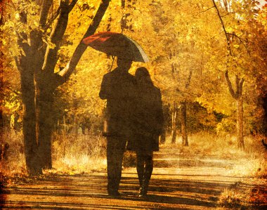 Couple walking at alley in autumn park. clipart