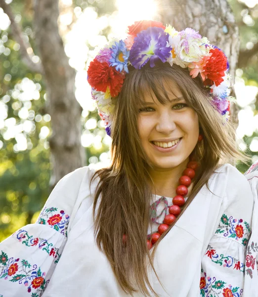 Girl in national slavic costumes at outdoor. — Stock Photo, Image