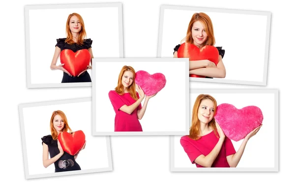 Collage bilder av rödhårig tjej med leksak hjärta. — Stockfoto