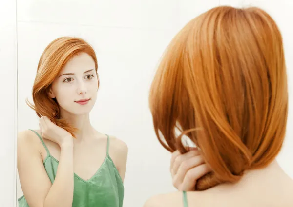 stock image Beautiful redhead young woman with fresh skin of face in bathroo