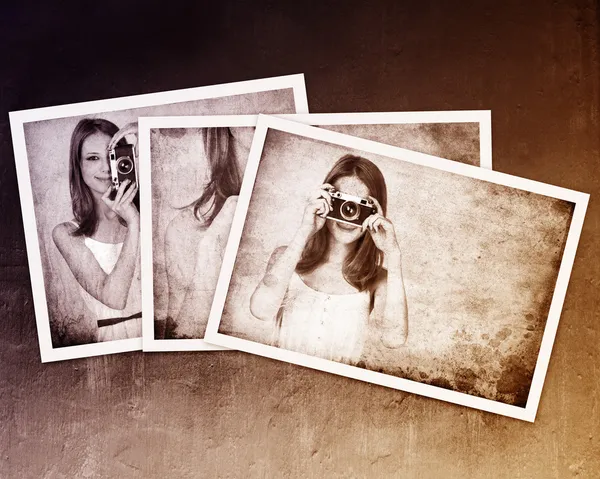 Collage de fotos con chica pelirroja en vestido blanco y c vintage —  Fotos de Stock