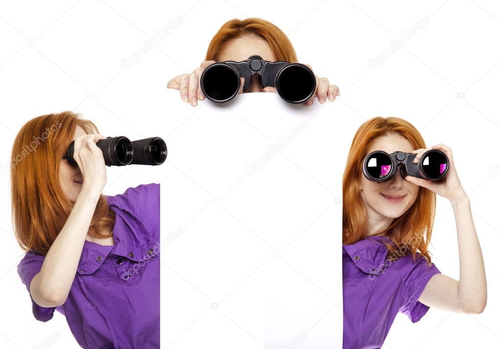 Three teen redhead girls with binoculars isolated on white backg