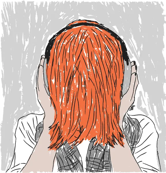 Kulaklıklar ile olağandışı Kızıl saçlı kız — Stok Vektör
