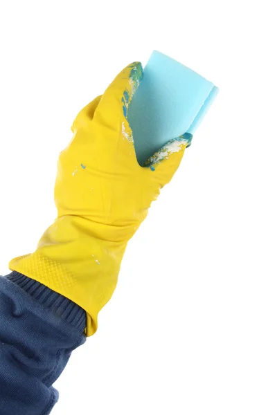 Mão em luva amarela com esponja — Fotografia de Stock