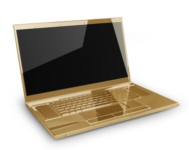 Altın laptop üzerinde beyaz izole 3d arka plan