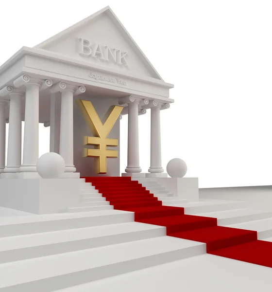 Banco edifício com um símbolo de ouro iene japonês 3d isolado em branco — Fotografia de Stock