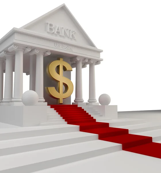 Bankovní budovy se zlatým nás symbol dolaru 3d izolované na bílém — Stock fotografie