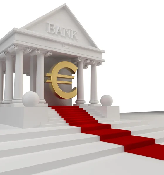 Здание банка с золотым символом Евро 3d изолировано на белом — стоковое фото