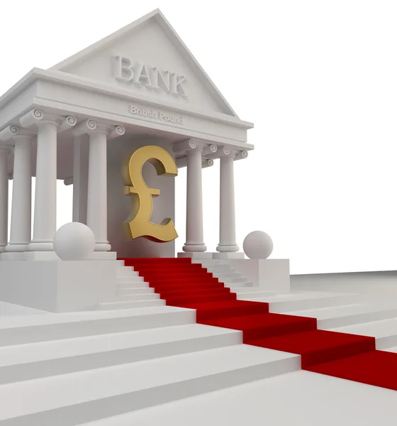 银行大楼与黄金象征英国 1 英镑兑换 3d 上白色隔离 — 图库照片