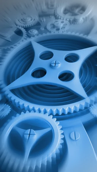 Um fundo azul mecânico com engrenagens e engrenagens renderização 3D (alta resolução — Fotografia de Stock