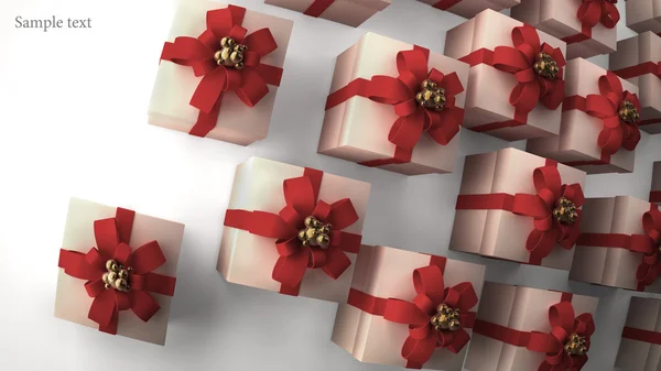 Molte scatole regalo bianche con nastro rosso e fiocco di sfondo rendering 3d (alto r — Foto Stock