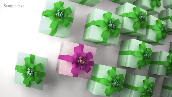 De nombreuses boîtes-cadeaux blanches avec ruban vert et fond d'arc rendu 3d (haut — Photo