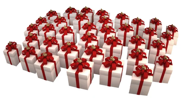 Many white gift boxes with red ribbon and bow isolated on white background — Stock Photo, Image