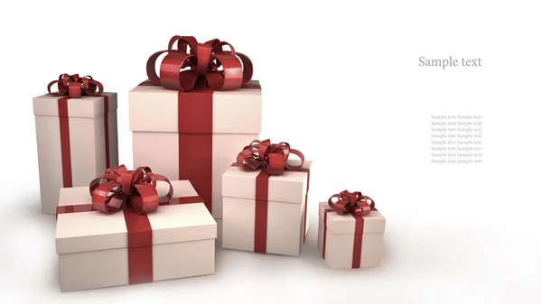 Fünf weiße Geschenkboxen mit Bändern und Schleifen isoliert auf weißem Hintergrund 3d — Stockfoto