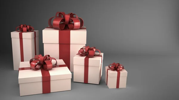 Cajas de regalo blancas con cintas y lazos 3d render (alta resolución  ) —  Fotos de Stock