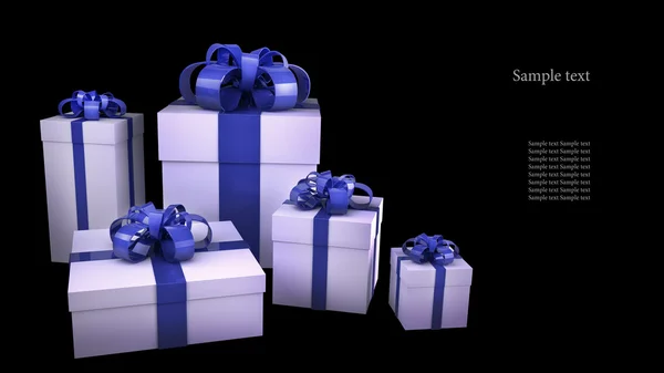 White gift boxes with ribbons and bows isolated on black background 3d rend — Stock Photo, Image