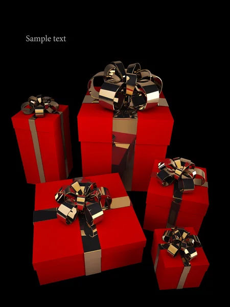 Vele rode geschenkdozen met gouden lint en boog geïsoleerd op zwarte achtergrond 3 — Stockfoto