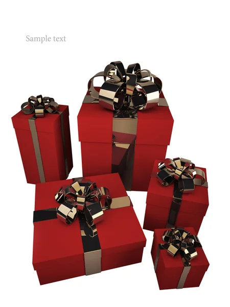 Cinque scatole regalo rosse con nastro in oro e fiocco isolato su sfondo bianco 3 — Foto Stock