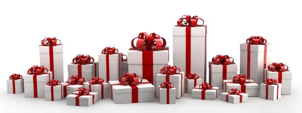 Hermosas cajas de regalo blancas con cinta roja aislada sobre fondo blanco 3D —  Fotos de Stock