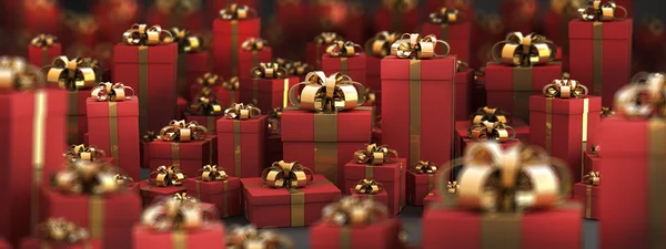 Schöne rote Geschenkboxen mit goldenem Band isoliert auf schwarzem 3D-Render (hig — Stockfoto
