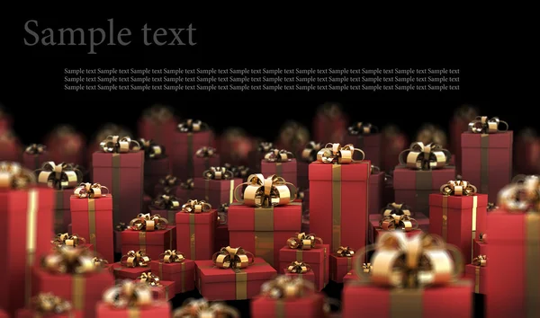 Hermosas cajas de regalo rojas con cinta de oro aislada en renderizado 3D negro (hig — Foto de Stock