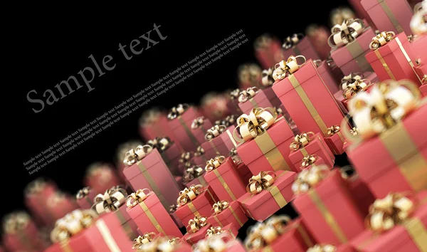Belles boîtes-cadeaux rouges avec ruban d'or isolé sur rendu 3D noir (hig — Photo