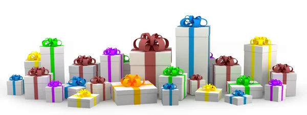 Vele witte geschenkdozen met kleur lint geïsoleerd op witte achtergrond 3D-ren — Stockfoto