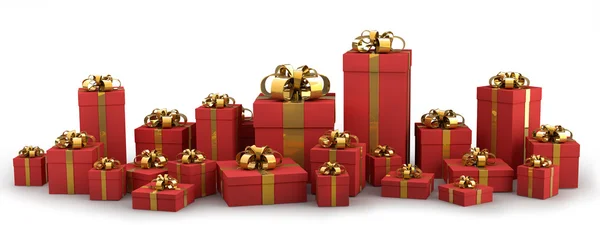 Belle scatole regalo rosse con nastro d'oro isolato su sfondo bianco 3D r — Foto Stock