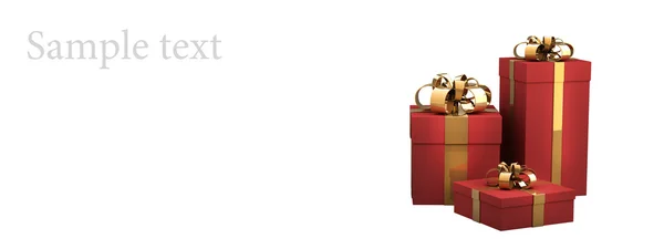 Piros ajándék dobozok és arany szalag íj elszigetelt fehér háttér 3d ren — Stock Fotó