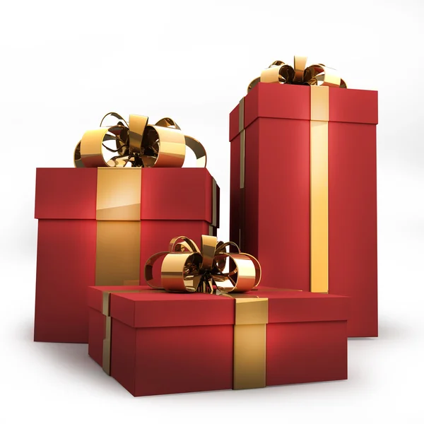 Cajas de regalo rojas con cinta de oro y arco aislado sobre fondo blanco 3d ren —  Fotos de Stock