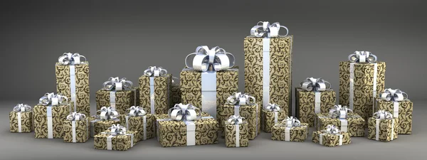 Muchas cajas de regalo con cinta aislada sobre fondo negro 3D render (alto r — Foto de Stock