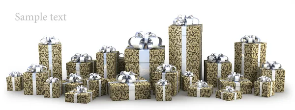 Molte scatole regalo con nastro isolato su sfondo bianco rendering 3D (alta r — Foto Stock